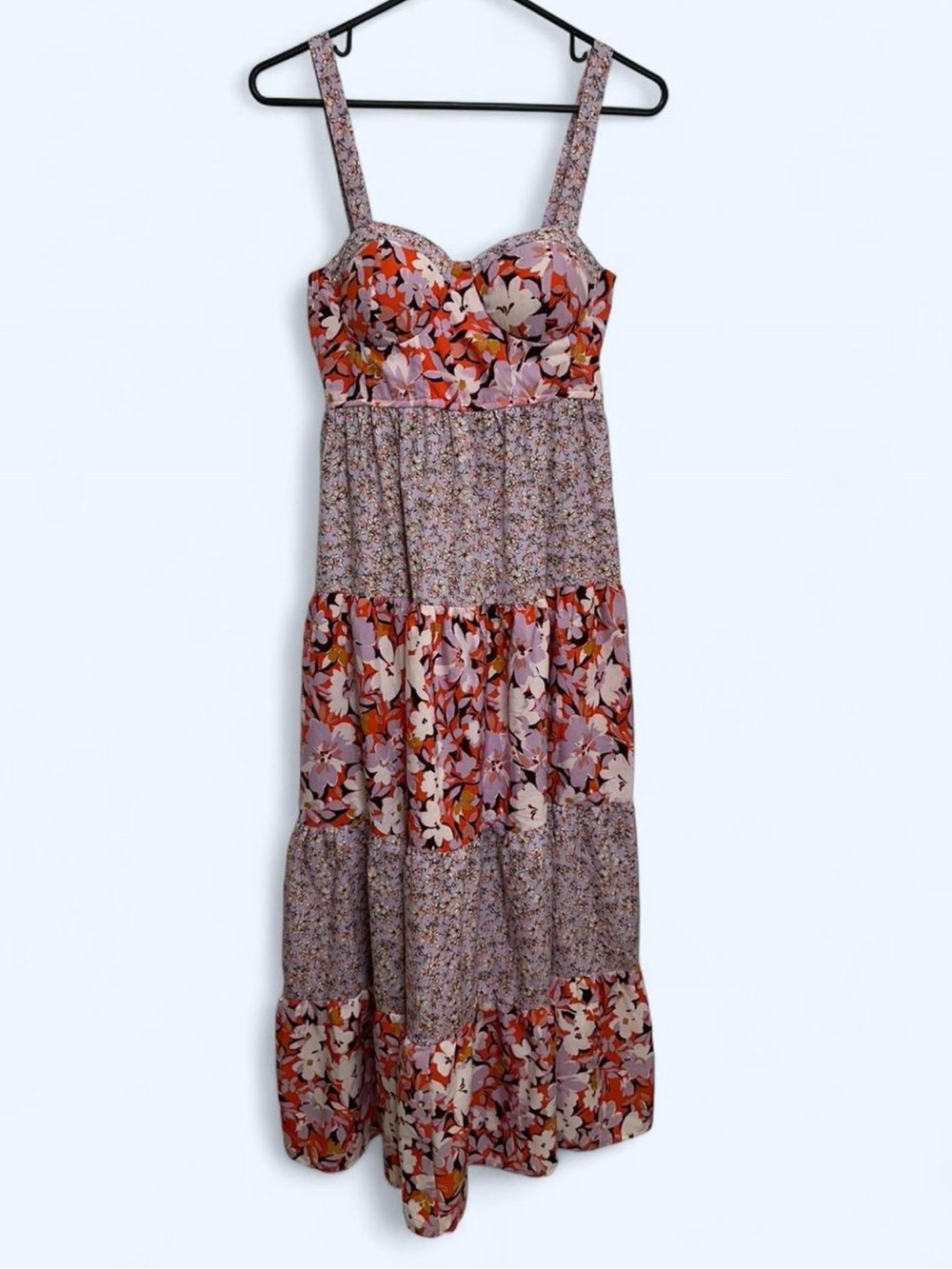 B.O.G Collective Boho Floral Tiered Maxi Dress Red Lilac Size XS Cottagecore Bog